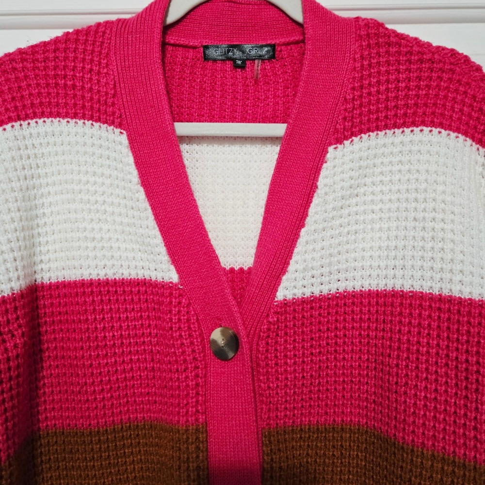 Glitsy Girlz Colorblock Knit Cardigan Sweater Women's Medium Pink Grey Orange